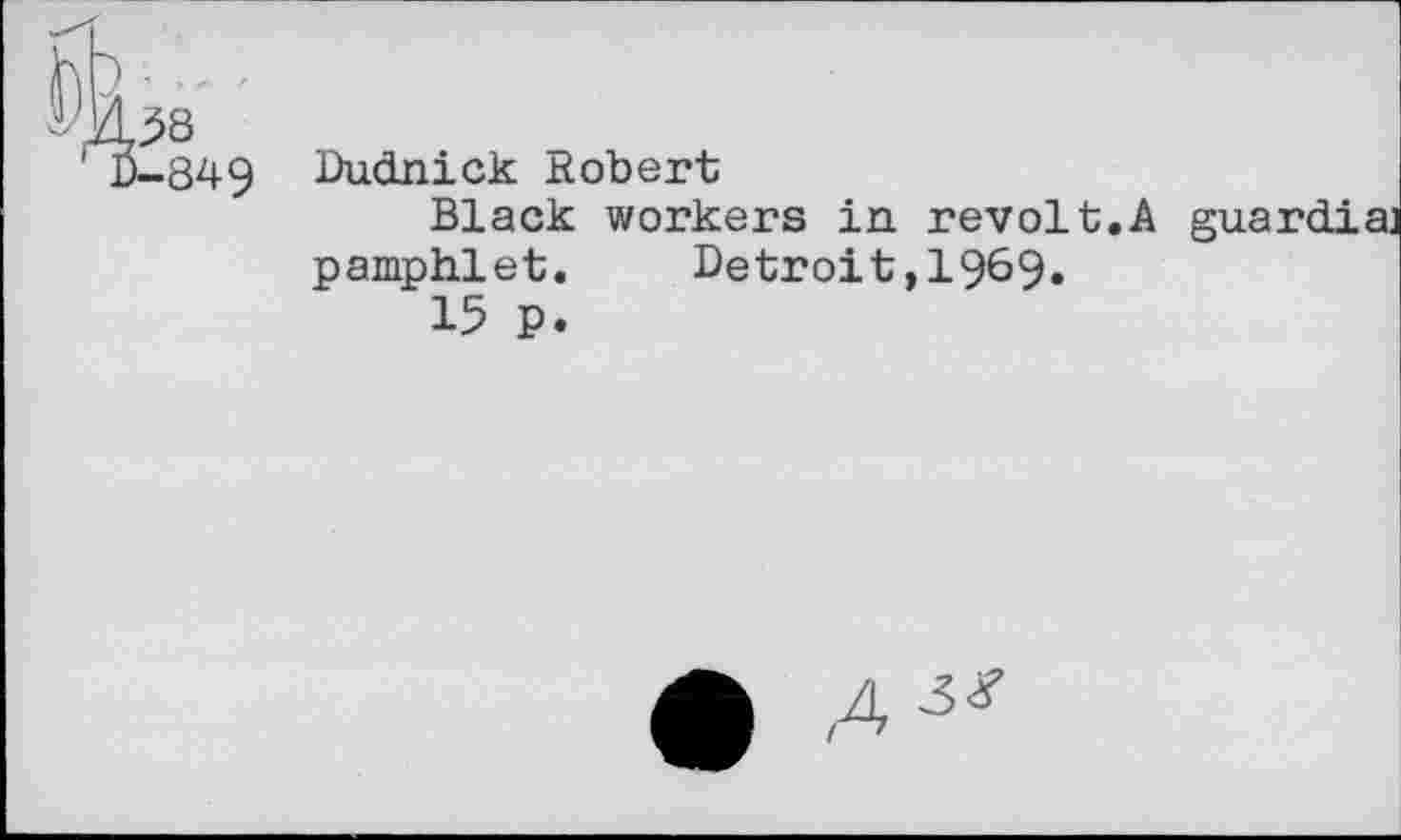 ﻿849 Dudnick Robert
Black workers in revolt.A guardiaj pamphlet. Detroit,1969.
15 p.